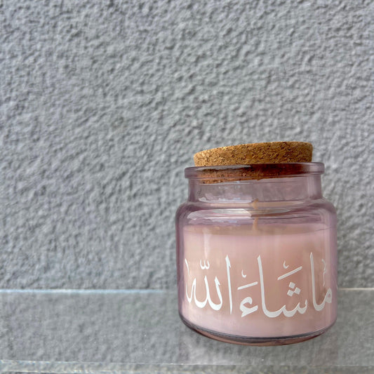 Bougie rose avec couvercle liège - petit format - Modèle "MashaAllah"